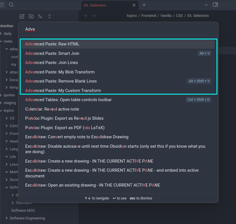 Command palette showing the commands of Advanced Paste Plugin for Obsidian