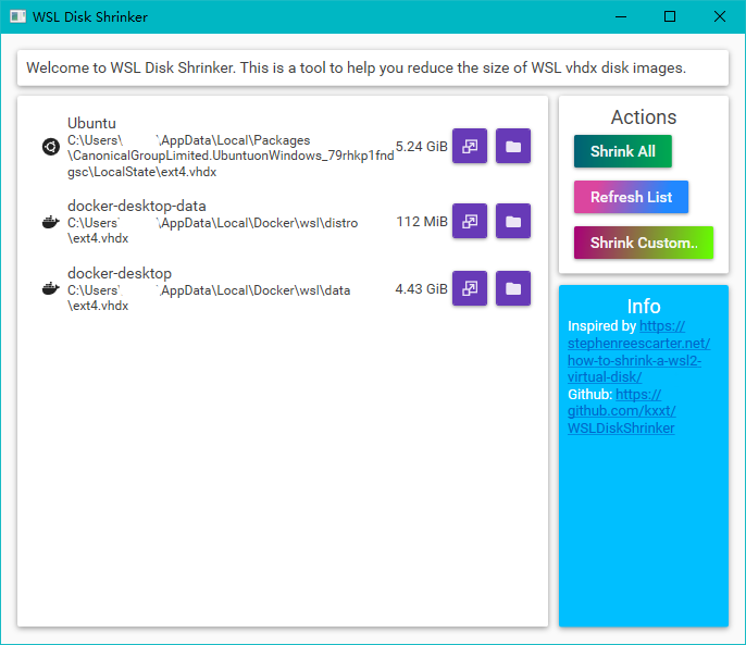 A screenshot of WSL Disk Shrinker